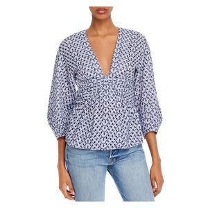 DEREK LAM 10 CROSBY Womens Light Blue Zippered Unlined 3/4 Sleeve V Neck Top 4